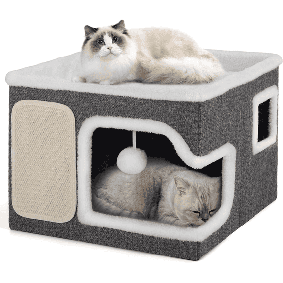 Cat Beds for Indoor Cats, Large Cat Cave with Cozy Hideout, Scratch Pad, Fluffy Ball Hanging,Foldable Pet Cat Cube House