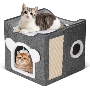 Cat Beds for Indoor Cats,Large Cat Cave with Fluffy Ball and Scratch Pad, Covered Cat Bed House, Foldable Cat Hideaway, 15.8”x15.8”x15.2”