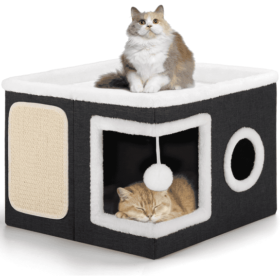 Cat Beds for Indoor Cats,Large Cat House for Pet Cat Cave with Scratch Pad and Fluffy Hanging Ball,Foldable Cat Cube Hideaway,Black