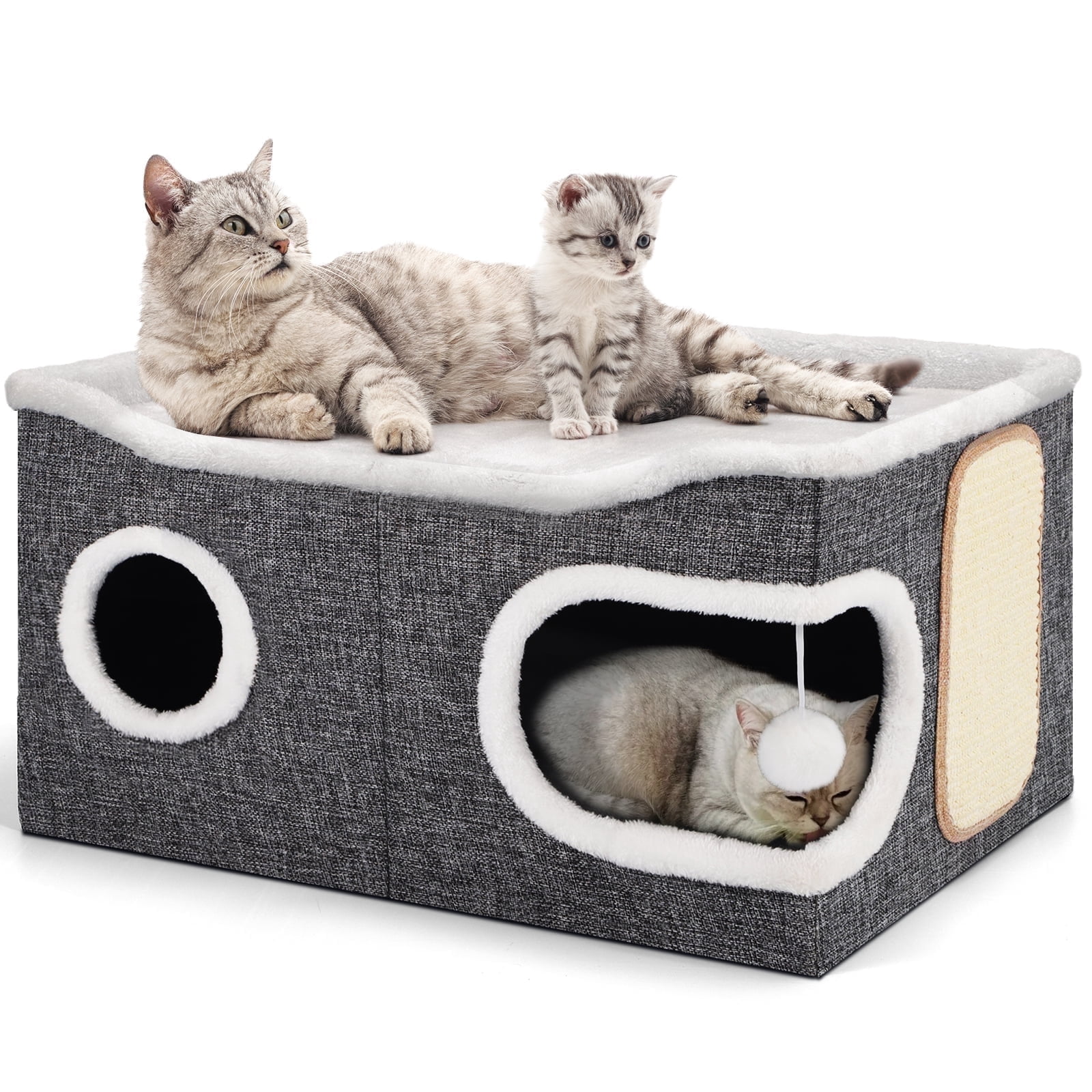 Cat Beds for Indoor Cats, Extra Wide Large Cat House for Pet Cat Cave with Scratch Pad and Fluffy Hanging Ball,Foldable Cat Cube Hideaway,Grey