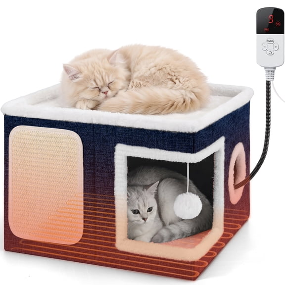 Heated Cat House,Heated Cat Bed wtih 9 Level Temperature and Timer,Foldable Cat Cave with Scratch Pad and Fluffy Hanging Ball,Blue