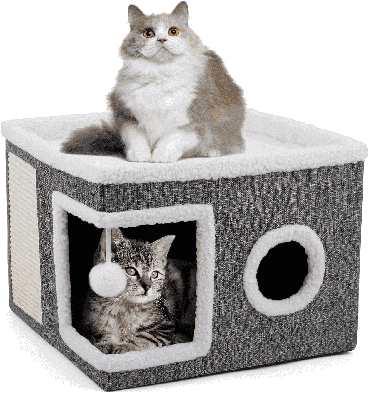 ZXMT Cat Beds for Indoor Cats,Large Cat House for Pet Cat Cave with Scratch Pad and Fluffy Hanging Ball,Foldable Cat Cube Hideaway,Grey ZXMT Cat Beds for Indoor Cats,Large Cat House for Pet Cat Cave with Scratch Pad and Fluffy Hanging Ball,Foldable Cat Cube Hideaway,Grey