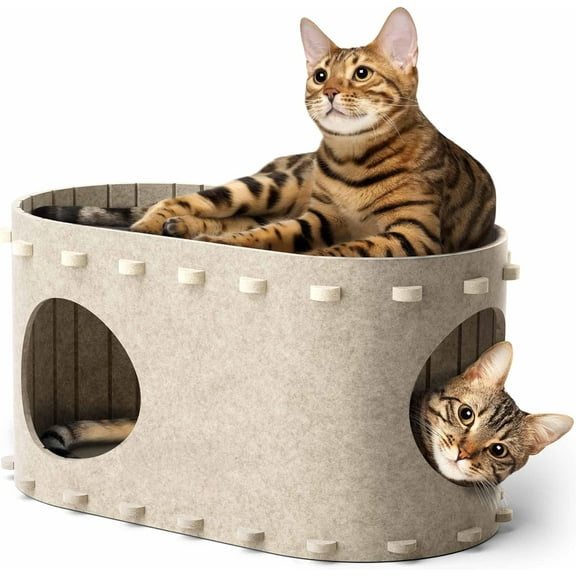 Cat Beds for Indoor Pet Cats House Cave Scratching Post and Tunnel, Multi-Level Cat Furniture Beige Cream