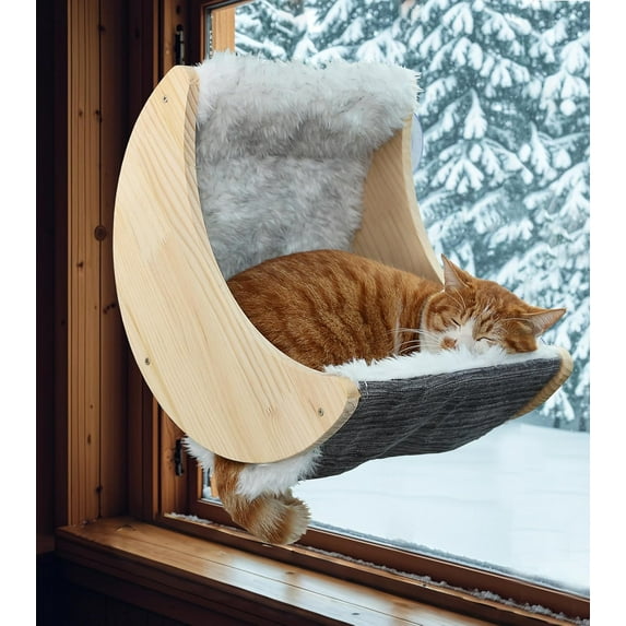 Cat Beds with Ultra Plush Hammock, Moon Shelves Mounted with Strong Suction Cups, Cat Window Seat for Overlooking and Sunbathing(Faux Wool Fur)