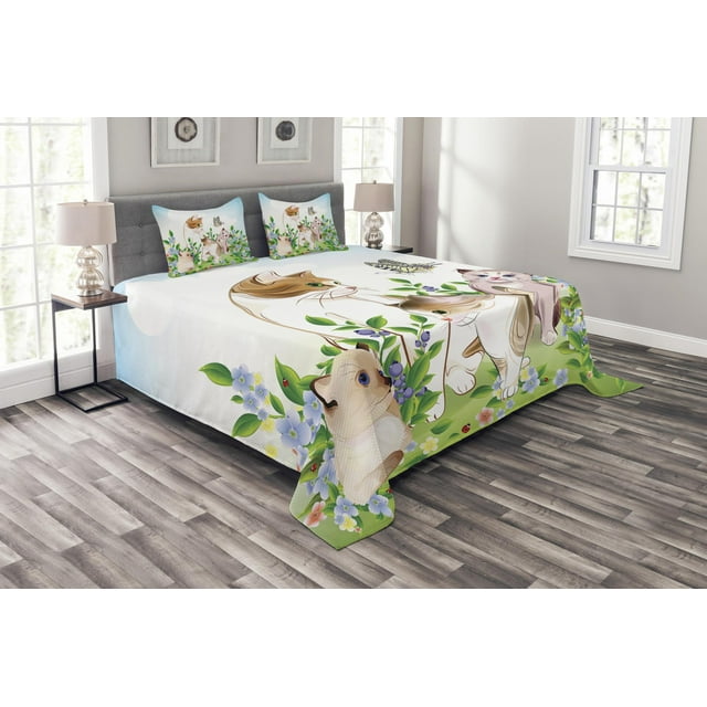 Cat Bedspread Set Queen Size, Cute Kittens in Flower Meadow Field Happy