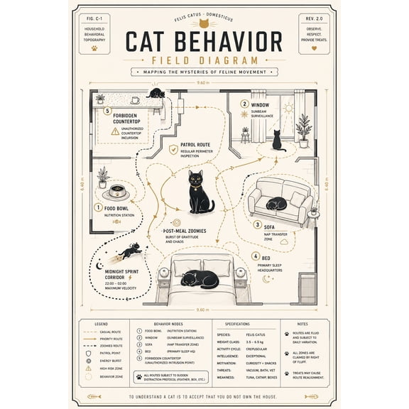 Cat Behavior Field Diagram Fun Poster - Feline Movement Map | Gift Ideas 【Poster Paper】
