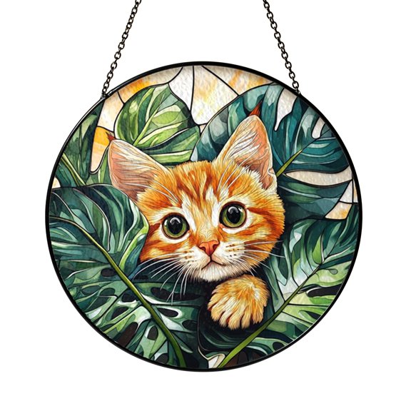 Cat Behind Tropical Green Leaves Stained Glass Suncatcher – Window Decor2301