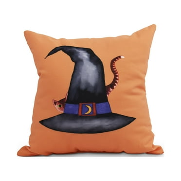 Cat Behind the Hat 26 Inch Orange Halloween Print Decorative Throw Pillow