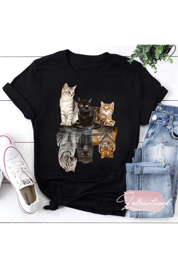 Cat Believe In Yourself Tiger Reflection Graphic Tee Funny Kitten Top,for unisex up to 5XL
