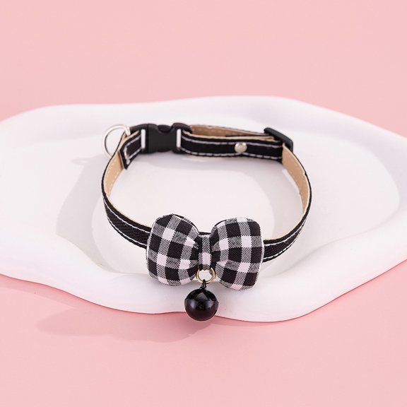 Cat Bell Collar, Cat Collar Bowtie, Black Leather, Adjustable 10-14 In, Buckle, Metal Ring, Decorative, Pet Collar, 1 Pc, Everyday Accessorizing