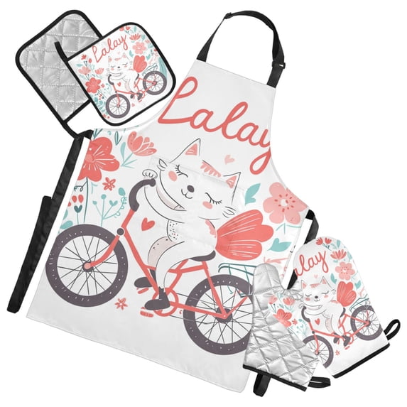 Cat Bike Flower 5 Pcs Kitchen Set Heat Resistant Oven Mitts and Non-Slip Pot Holders with Adjustable Cooking Apron