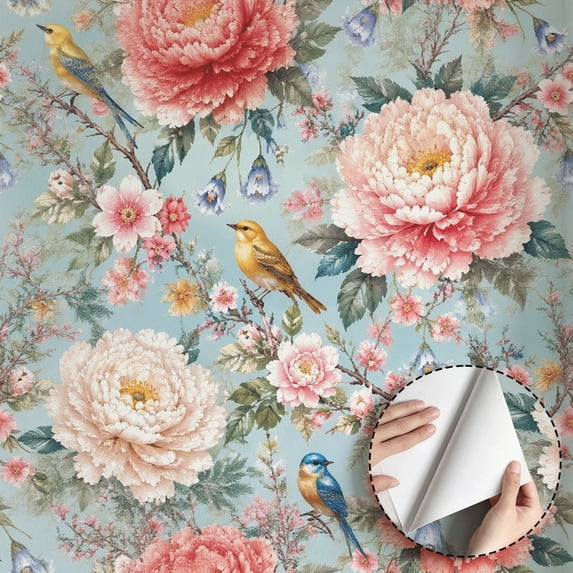 Vintage Floral Bird Wallpaper, Boho Peony Flower Peel and Stick Waterproof Home Decor for Bedroom Living Room Kitchen Cabinet Drawer, Self Adhesive Wall Decoration, 17.7 * 118 in