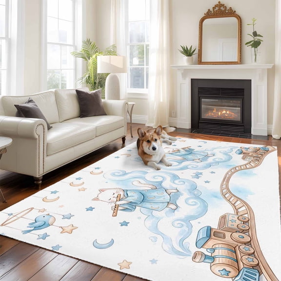 Cat Bird Large Area Rugs 5x8 ft Dreamy Cloud Rail Orbiting Trains Moon Animal Washable Rug Non Slip Indoor Carpet Absorbent Floor Mat for Living Room Bedroom Dining Room