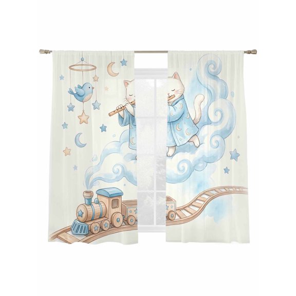 Cat Bird Sheer Curtains 2 Panels Set Dreamy Cloud Rail Orbiting Trains Moon Yellow Sheer Window Curtains Light Filtering Rod Pocket Voile Drapes for Bedroom Living Room 52"X72"