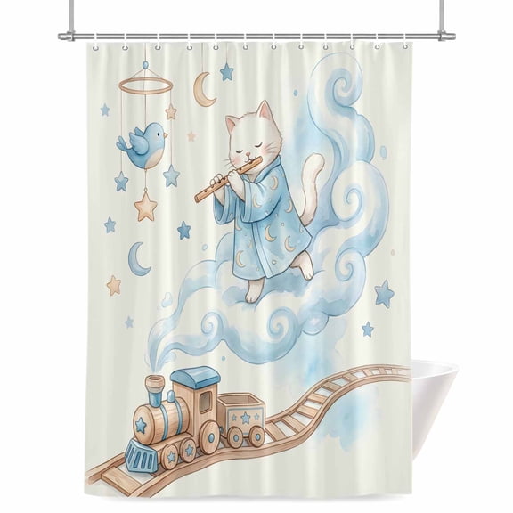 Cat Bird Shower Curtain, 72" x 72", Dreamy Cloud Rail Orbiting Trains Moon Yellow Waterproof Bathroom Curtain Washable Shower Curtain Set with 12 Hooks