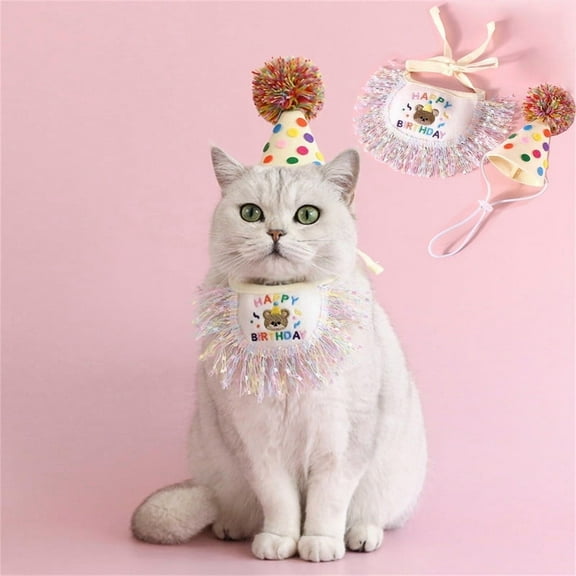 Cat Birthday Bandana Scarf and Party Hat, Cute Tassels Bib Scarf and Birthday Hat for Pet Cat Dog Birthday Party Decorations Set
