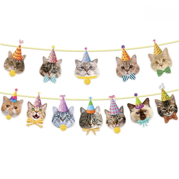 Cat Birthday Banner Decorations for Party Supplies Universal Design Paper Flags Banners & Accessories Festive Celebration Decorative Theme A Happy Day!