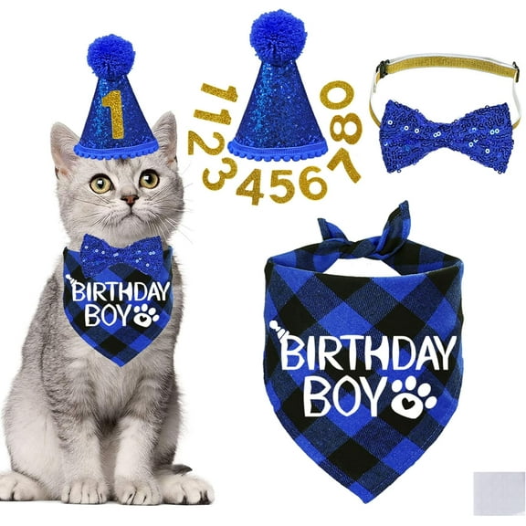 Cat Birthday Decorations, Cat Birthday Hat with Number Bandana Bow Tie Collar for Cats Kittens Apparel Birthday Outfits