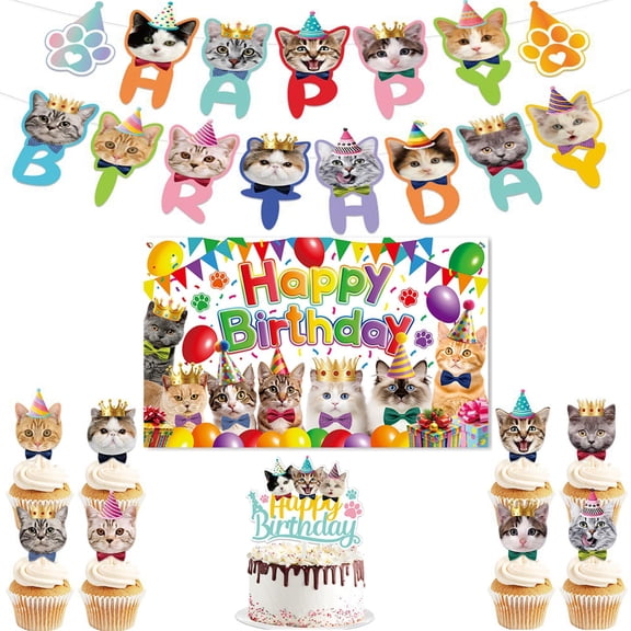 Cat Birthday Party Decorations Set, Happy Birthday Banner, Backdrop, Cake Toppers for Kitten Birthday Party Supplies