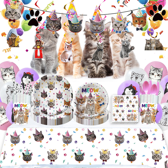 Cat Birthday Party Supplies,100pcs Cat Party Decorations & Cat Theme Tableware Set-Cat Party Plates Napkins Tablecloth & Cat Birthday Banner Balloons etc Cat Themed Birthday Party Supplies