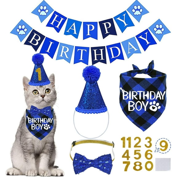 Cat Birthday Party Supplies, Cat Birthday Hat with Numbers Bandana Bow Tie Collar Banner for Cats Kittens Birthday Outfit Decorations