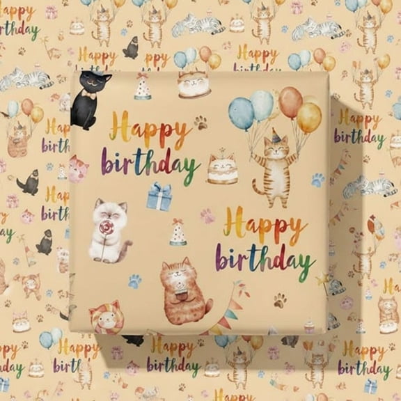 Cat Birthday Wrapping Paper - Funny Watercolor Gift Wrap With Cute Cat Happy Birthday Balloons Cake Candy and Paw for B-Day, - 28x40 Inches, 4 Sheets