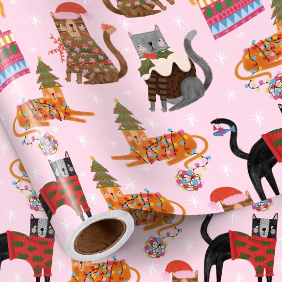 Cat Birthday Wrapping Paper Roll, Mini Roll, Cute Black Cat with Party Hat & Bow Tie, Fun Pink Gift Wrap for Girls, Pet Lovers, Birthday Celebration, Baby Shower, 17 Inches x 16.4 Feet