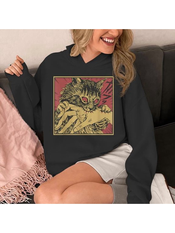 Cat Bite Horror Anime Creepy Crazy Cat Japanese Hoodie, Pullover Graphic Hoodie