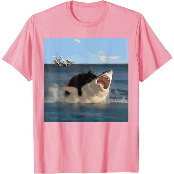 Cat Biting Shark Humorous Playful Funny Cat and Shark Unisex T-Shirt for Men Women Kids Toddler,Light Pink Color,Size YM