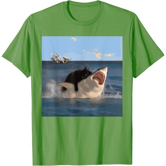 Cat Biting Shark Humorous Playful Funny Cat and Shark Unisex T-Shirt for Men Women Kids Toddler,Lime Color,Size L