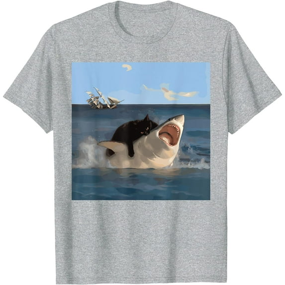 Cat Biting Shark Humorous Playful Funny Cat and Shark Unisex T-Shirt for Men Women Kids Toddler,Sport Grey Color,Size XL