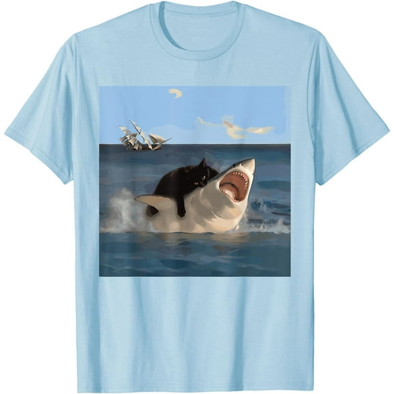 Cat Biting Shark Humorous Playful Funny Cat and Shark Unisex T-Shirt for Men Women Kids Toddler