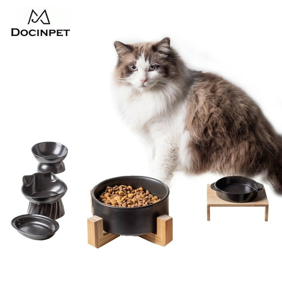 Cat Black Ceramic Bowl Pet Food Water Feeders Dogs Double Drinking Eating Feeding Bowls with Stand