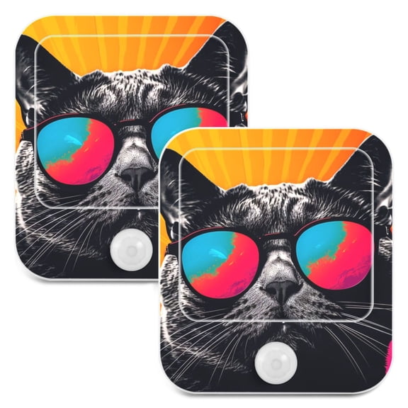 Cat Black Sunglasses Night Lights Plug into Wall LED with Auto Light Sensor Warm Light for Kids Hallway Bedroom Living Room Kitchen Bathroom Set of 2