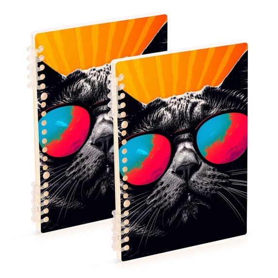 Cat Black Sunglasses Ring Binder Notebook Journey Note Diary College Ruled Spiral Notebook Study Loose Leaf Paper A5 60 Pages