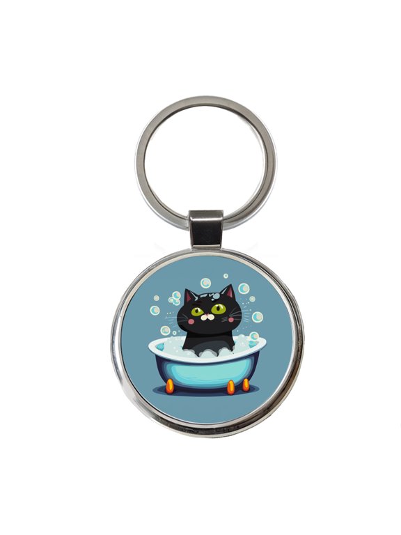 Cat Black Taking Bubble Bath Metal Round Keychain