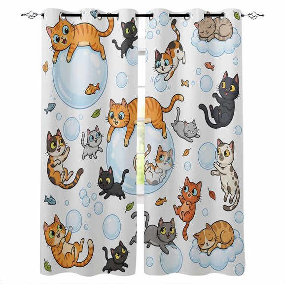 Cat Blackout Curtains for Bedroom/Living Room, Thermal Insulated Kitchen Curtains, Funny Cute Fish Leaves Bubble Grommet Darkening Window Treatment Drapes 42"x63"x2