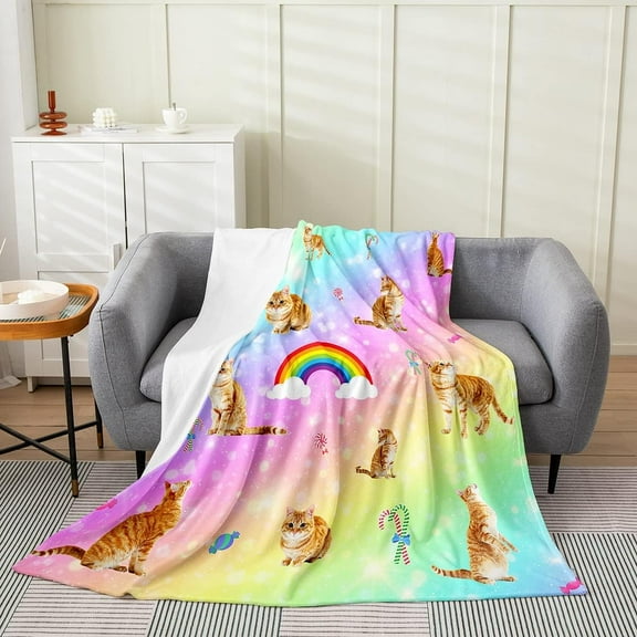 Cat Blanket 40X50 Inch, Rainbow Throw Blanket for Kids Girls,Candy Canes Sugar Cute Pet Flannel Blanket, Kawaii Animals Glitter Star Colorful Ombre Bed Blanket Microfiber Bedroom Decor