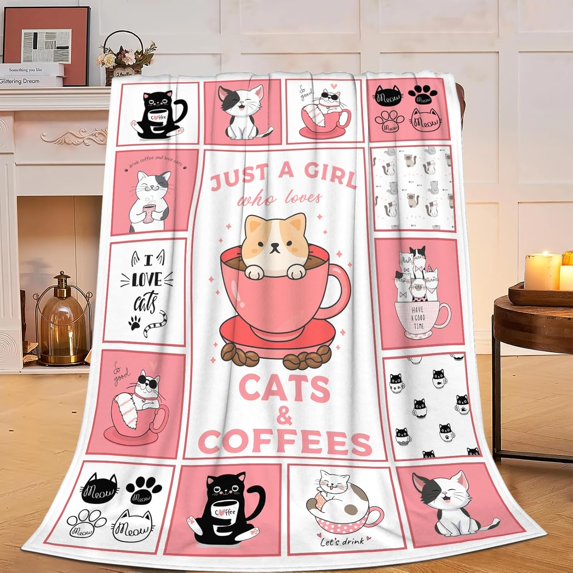 Cat Blanket for Cat Lovers Cozy Fluffy Cat Coffee Fleece Throw Blankets Plush Soft Warm Just a Girl Who Loves Cats and Coffees Lightweight Flannel Gifts Blanket for Adult Kids 60"X50"