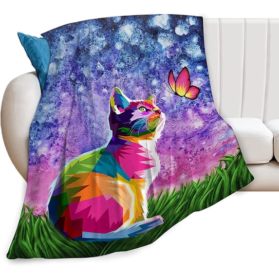 Cat Blanket Cute Colorful Cat with Butterfly Throw Blanket Cat Gifts for Cat Lovers Girls Super Warm Soft Plush Lightweight Fleece Flannel Blanket Winter Couch Bedding Blanket for Kids Women 60"x80"