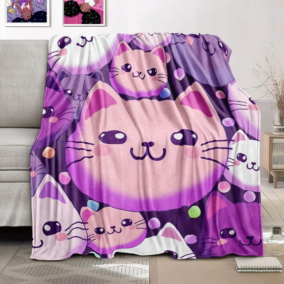 Cat Blanket Cute Throw Blankets Girls Blanket Cat Blankets Purple Blanket Cat Blanket for Adults Kids Cat Throw Blanket for Bed Couch Living Room Blanket, Size Multi-lu-46