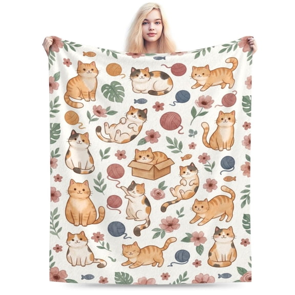 Cat Blanket, Feline Pattern Flannel Blanket, Flannel Throw for Bedroom Decor and Sofa Use 50x40