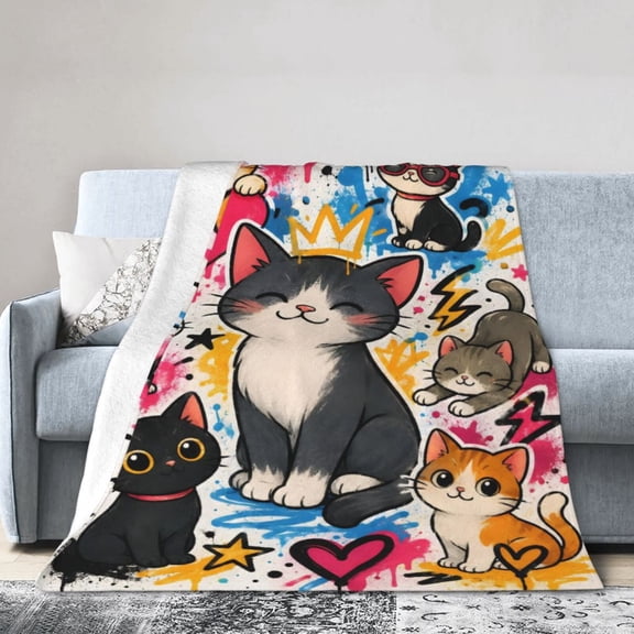 Cat Blanket Gift Throw Blanket Cute Street Art Kitty Hearts Graffiti Gift for Cat Lovers Room Decor 50x40