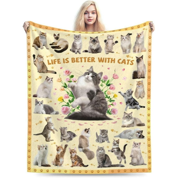 Cat Blanket Gifts, Cat Gift for Cat Lover Cute Cat Throw Blanket for Women Girls, Soft Cat Themed Flannel Blanket Printed Flower Blanket for Sofa Bed 60"x50", Beige