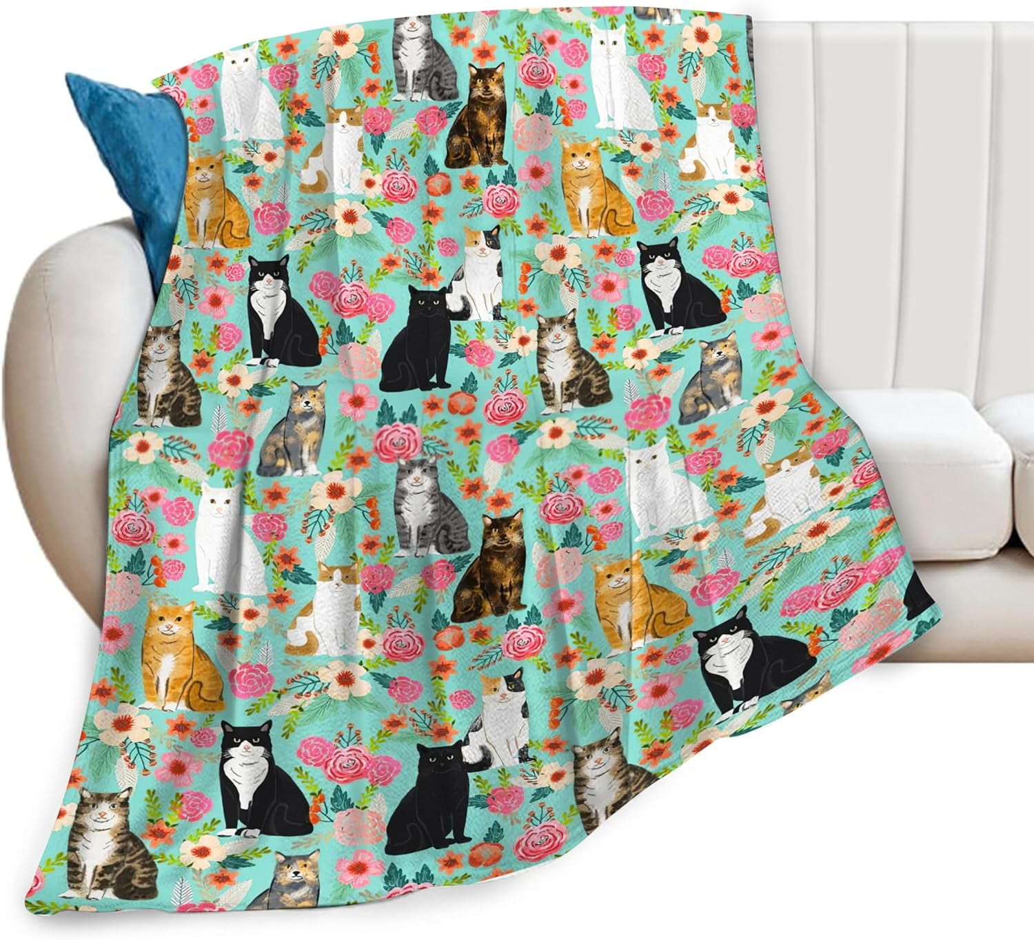 Cat Blanket Gifts for Girls Women Cute Cats Flowers Flannel Fleece Throw Blanket Soft Plush Lightweight Warm Fuzzy Teal Blanket for Cat Lovers Decor Bed Couch Living Room for Kids 50"X60"