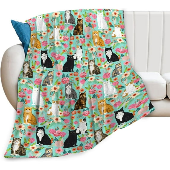 Cat Blanket Gifts for Girls Women Cute Cats Flowers Flannel Fleece Throw Blanket Soft Plush Lightweight Warm Fuzzy Teal Blanket for Cat Lovers Decor Bed Couch Living Room for Kids 60"X80"