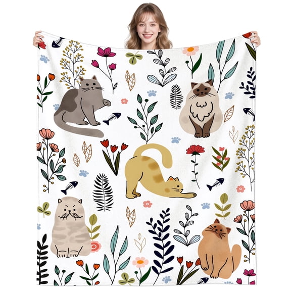 Cat Blanket Gifts for Women Adults Cats Lovers,Cozy Plush Cat Themed Floral Flower Throw Blankets for Bed Chair Couch 50"x40"