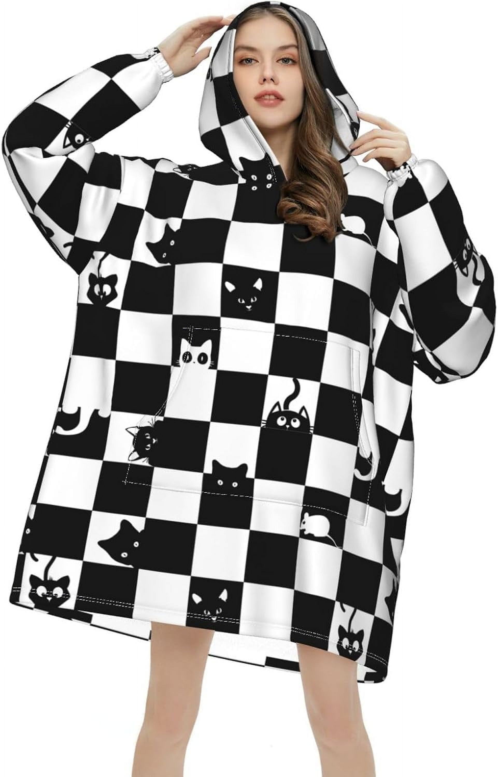 Cat Blanket Hoodie Cute Cartoon Wearable Hooded Blanket Soft Plush Warm Comfy Pajamas Fluffy Sweatshirt Blanket For Women