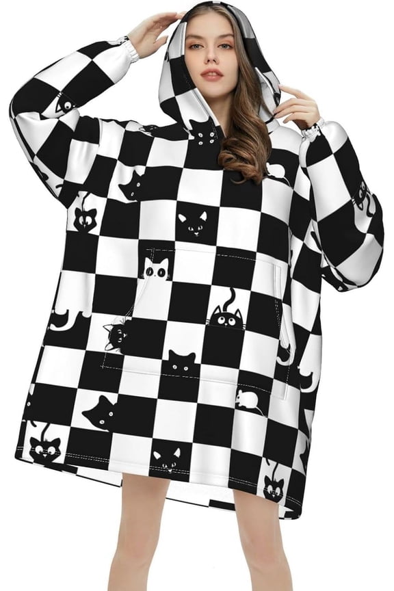 Cat Blanket Hoodie Cute Cartoon Wearable Hooded Blanket Soft Plush Warm Comfy Pajamas Fluffy Sweatshirt Blanket For Women