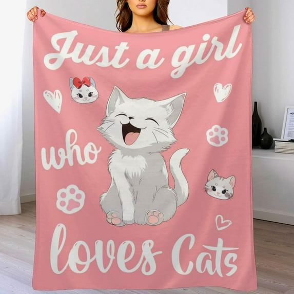 Cat Blanket, Just A Girl Who Loves Cats, Lightweight Comfy Throws Thicken Throws, Soft Flannel Blankets for Couch Chair Travel, Gifts for Girls Women 60"x80"